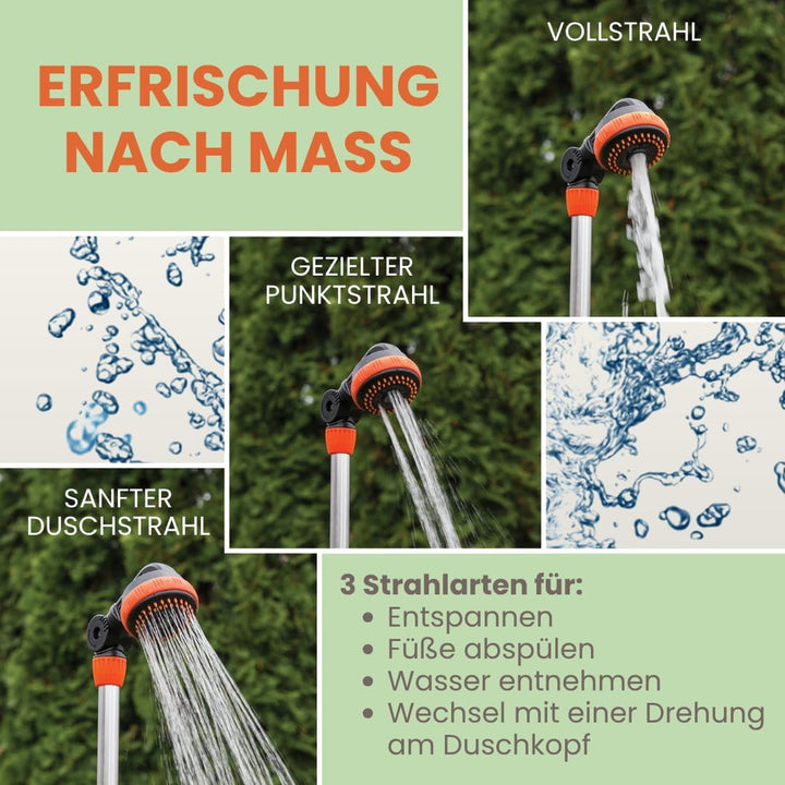 Verstellbare Gartendusche mit 3 Funktionen Höhe 150–210 cm | Tragbare 3in1 Aussendusche mit Alu-Drei