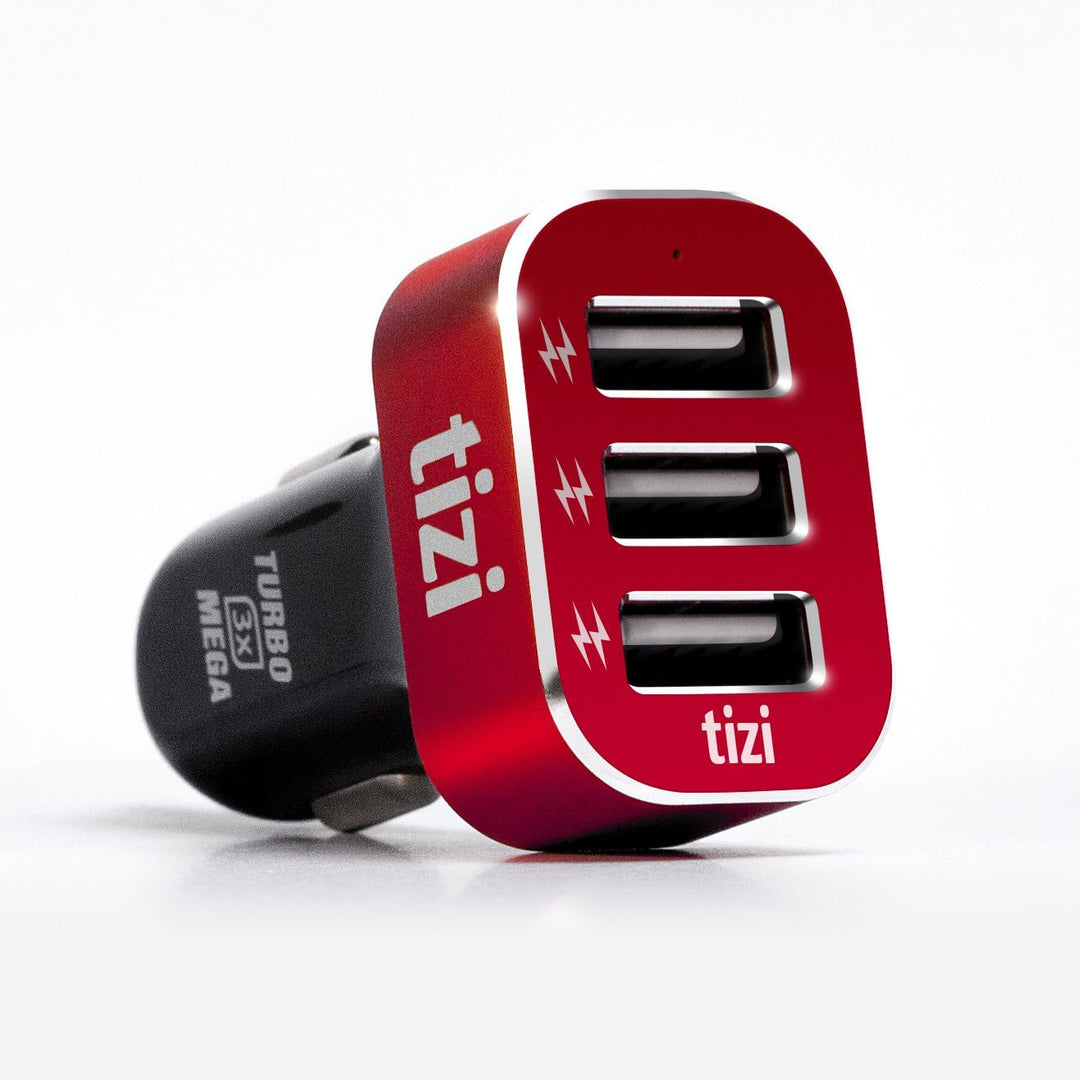 equinux tizi Turbolader 3X MEGA (7,2A, Monza Rot Edition), 3-Fach USB-Auto-Ladegerät mit hochwertige