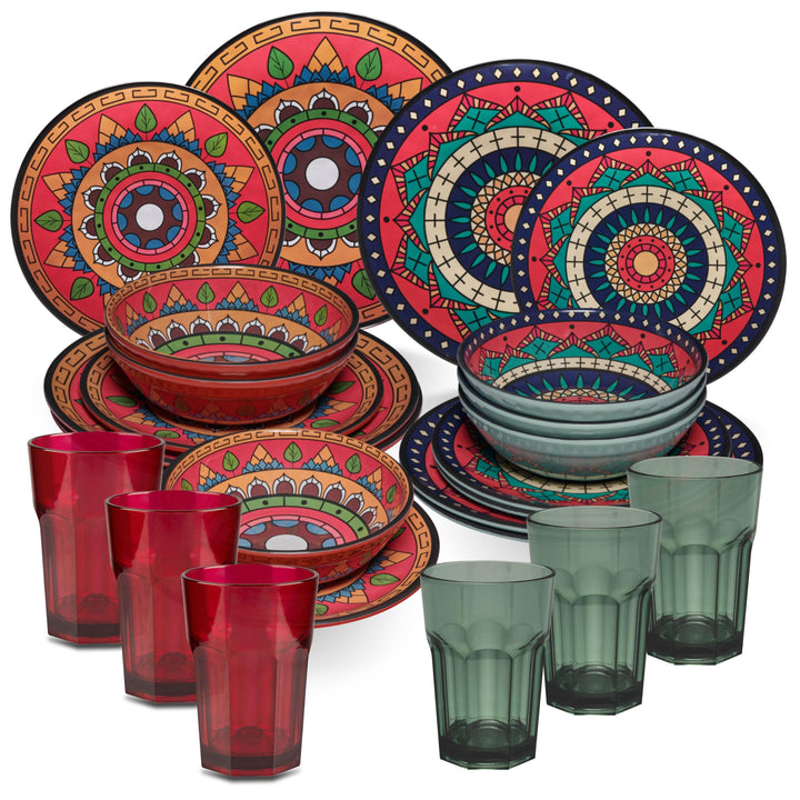 Melamin Geschirr Set Toskana Deep für 6 Personen - Rot-Grün - Mandala-Optik Spülmaschinengeeignet Es
