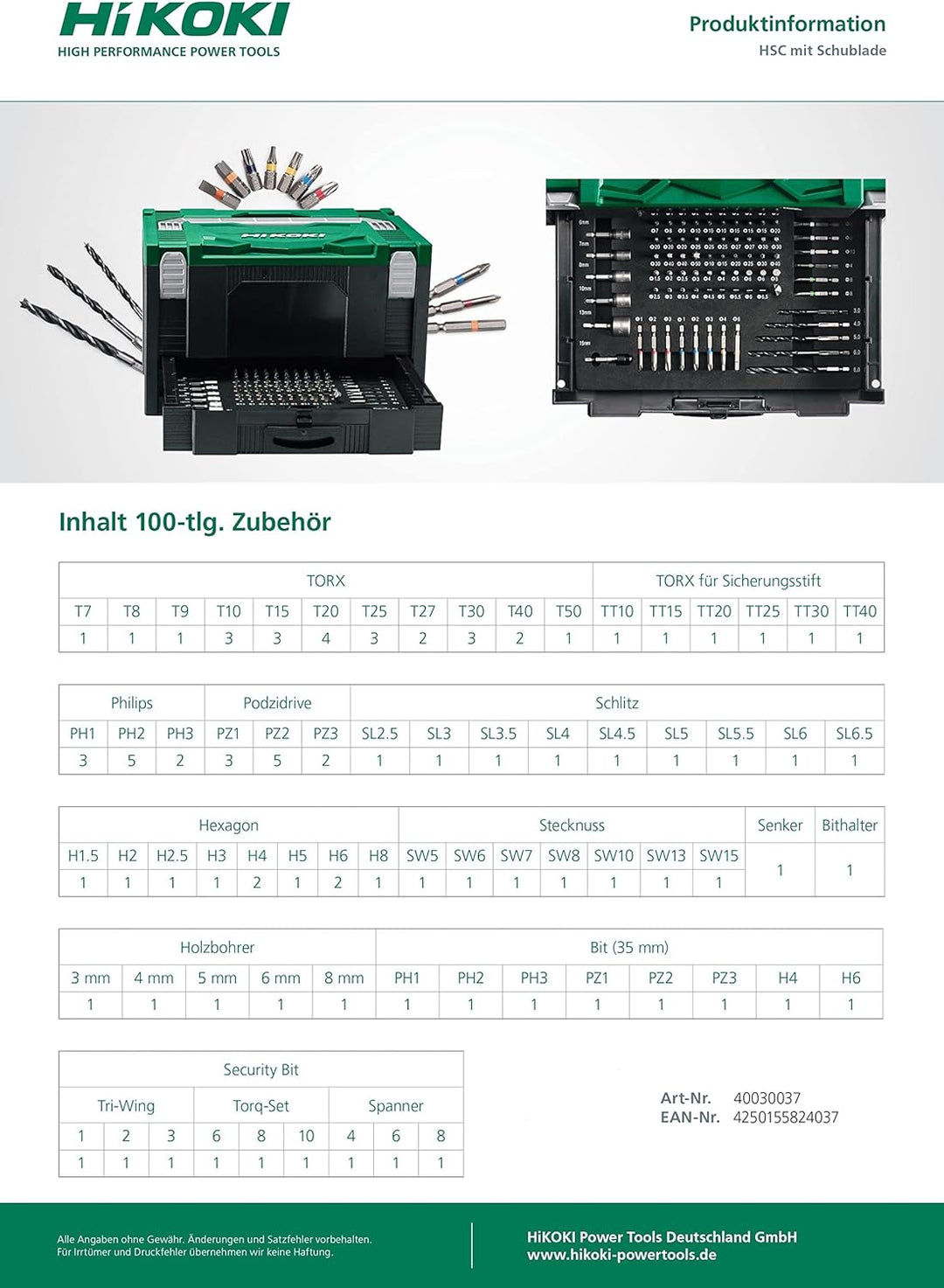 HIKOKI 40030037 Hit System Case mit 100tlg. Zubehör, Grün