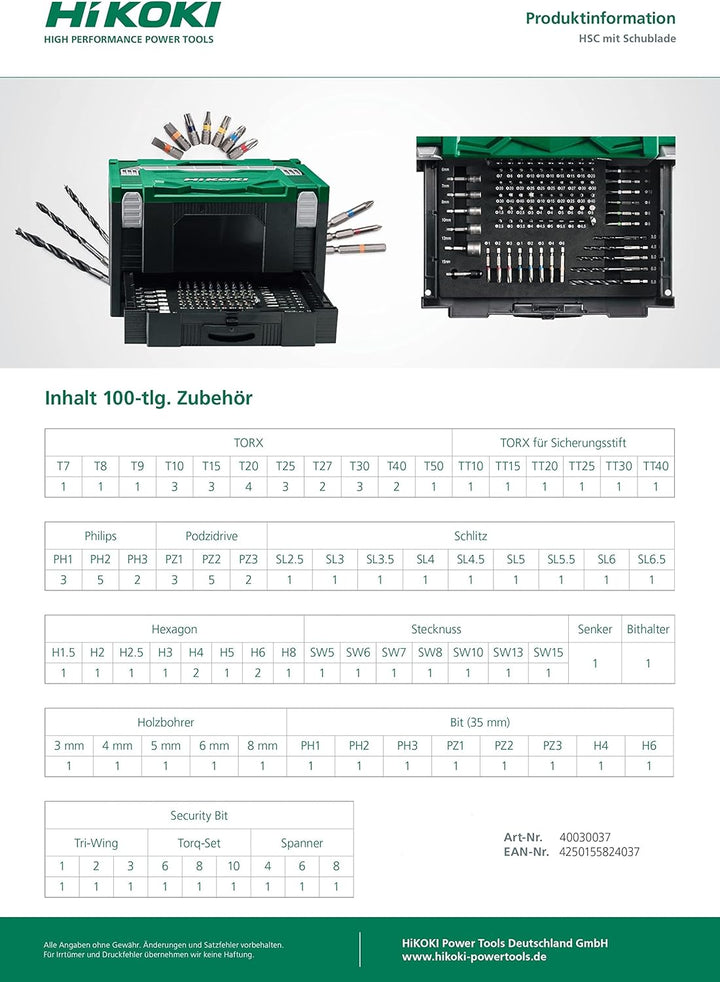 HIKOKI 40030037 Hit System Case mit 100tlg. Zubehör, Grün