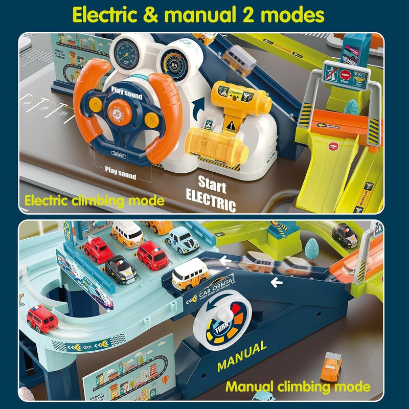 fisca 2-in-1-Rennwagen-Spielset für Kinder, Spielzeugauto-Rampenbahn und Hebeparkplatz, Dual-Modus K