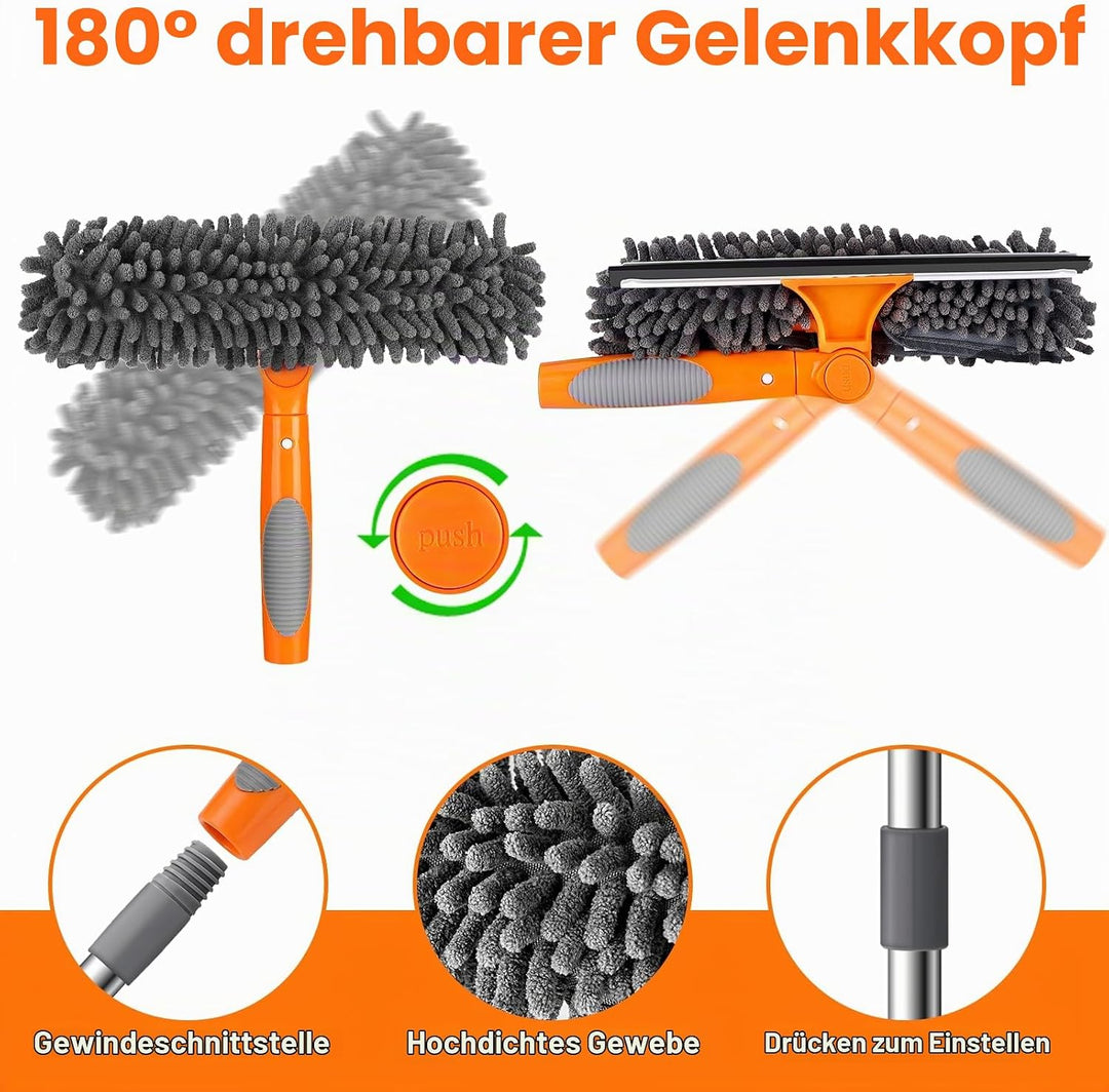 2-in-1 Fensterreinigungsset, 24cm-390cm Extra Lange Teleskopstange, Fensterputzer Set &amp; Fensterwisch