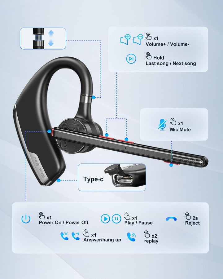 New Bee Bluetooth Headset Wireless V5.2 mit 80h Spielzeit Bluetooth Freisprech Headset mit CVC 8.0 u