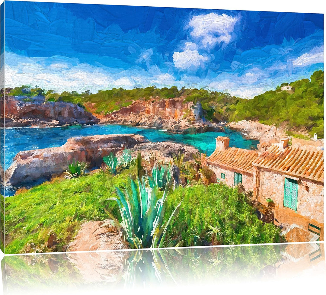 Pixxprint Ferienhaus an der spanischen Küste als Leinwandbild/Grösse: 100x70 cm/Wandbild/Kunstdruck/