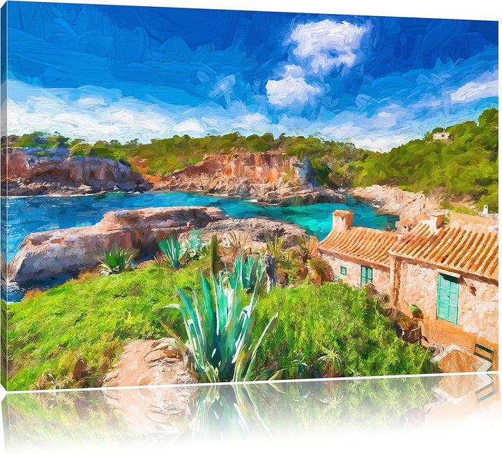 Pixxprint Ferienhaus an der spanischen Küste als Leinwandbild/Grösse: 100x70 cm/Wandbild/Kunstdruck/