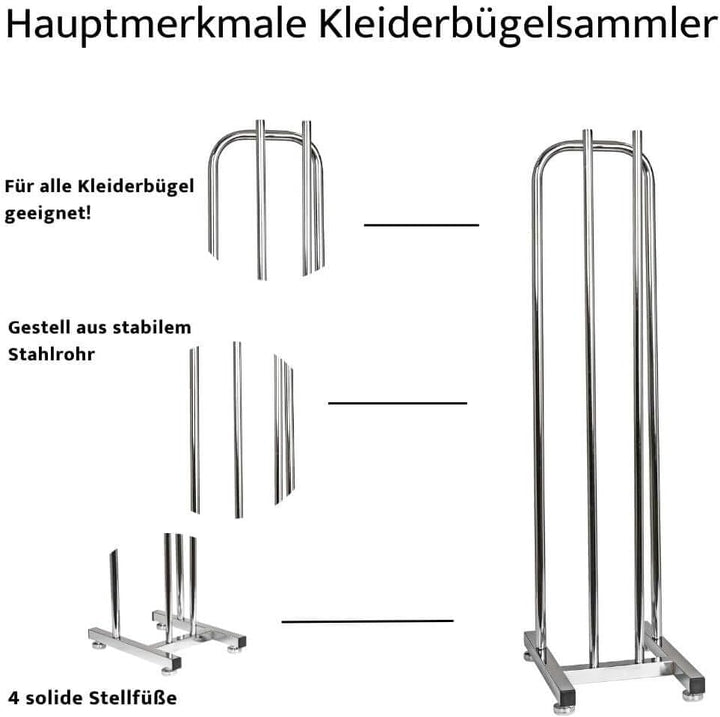 Kleiderbügelsammler für 85 Kleiderbügel, Kleiderbügelstapler H93 cm x B24 cm x T32 cm verchromt Klei