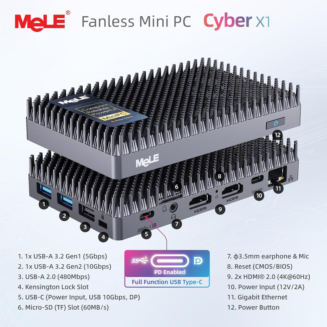 MeLE Cyber X1 Mini PC N150 (bis zu 3,6GHz, 4C/4T) 32GB LPDDR5 512GB Speicher Win 11 Pro Lüfterloser