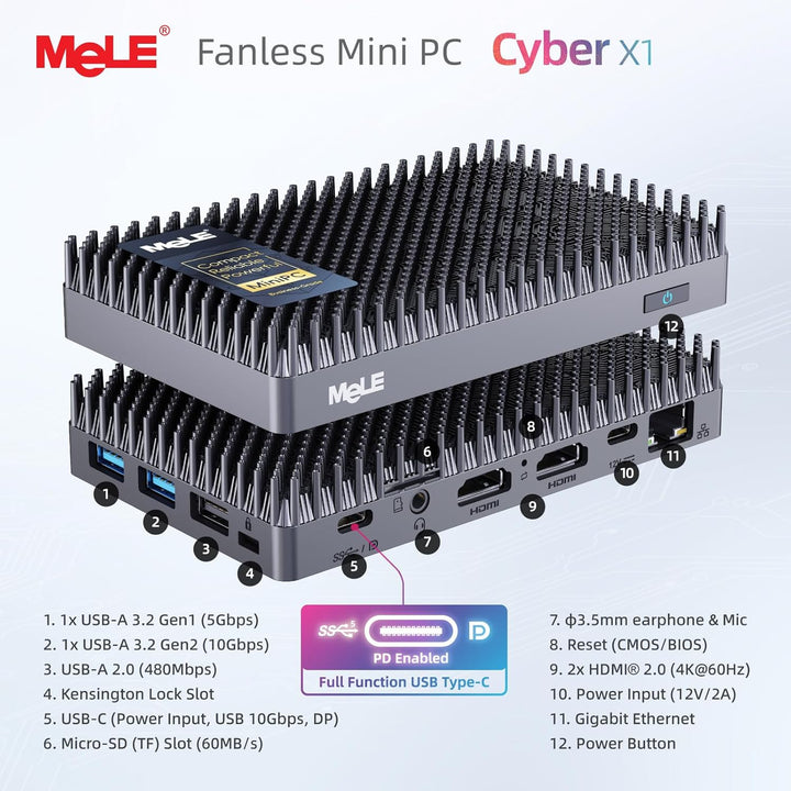 MeLE Cyber X1 Mini PC N150 (bis zu 3,6GHz, 4C/4T) 32GB LPDDR5 512GB Speicher Win 11 Pro Lüfterloser