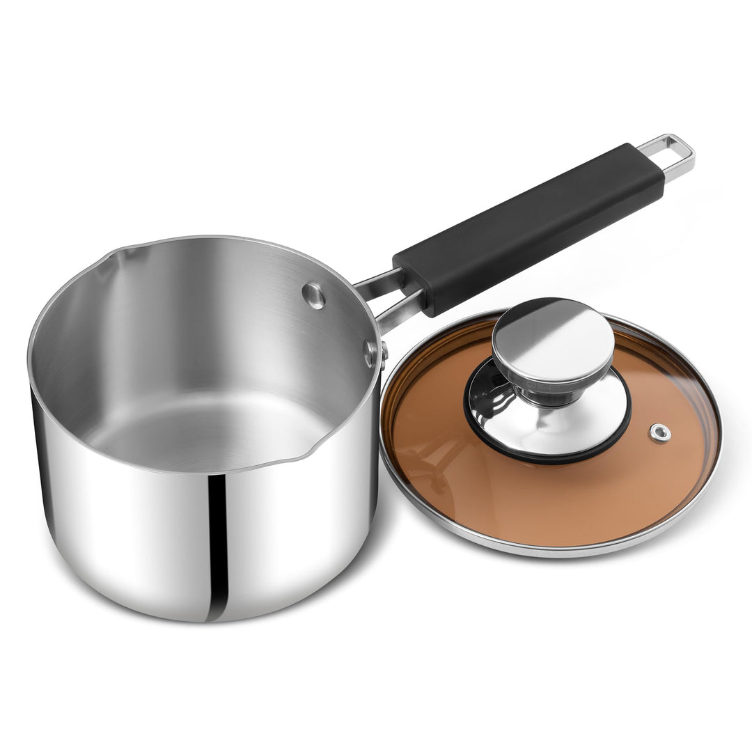 Herogo Stainless Stielkasserolle 16cm, Dreifach-Edelstahl- Milchtopf mit Glasdeckel, kleiner Kochtop