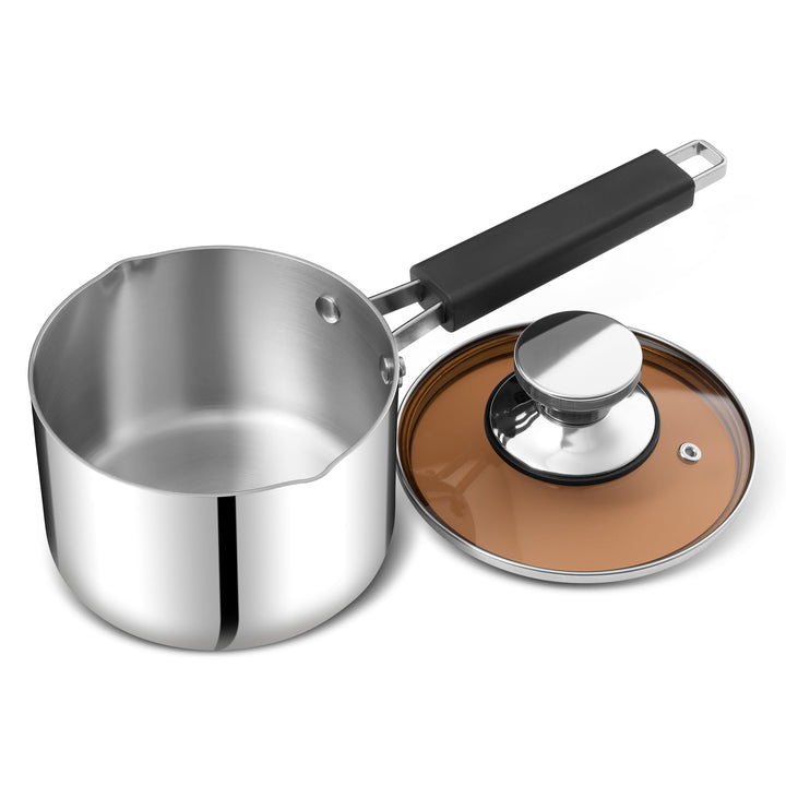 Herogo Stainless Stielkasserolle 16cm, Dreifach-Edelstahl- Milchtopf mit Glasdeckel, kleiner Kochtop