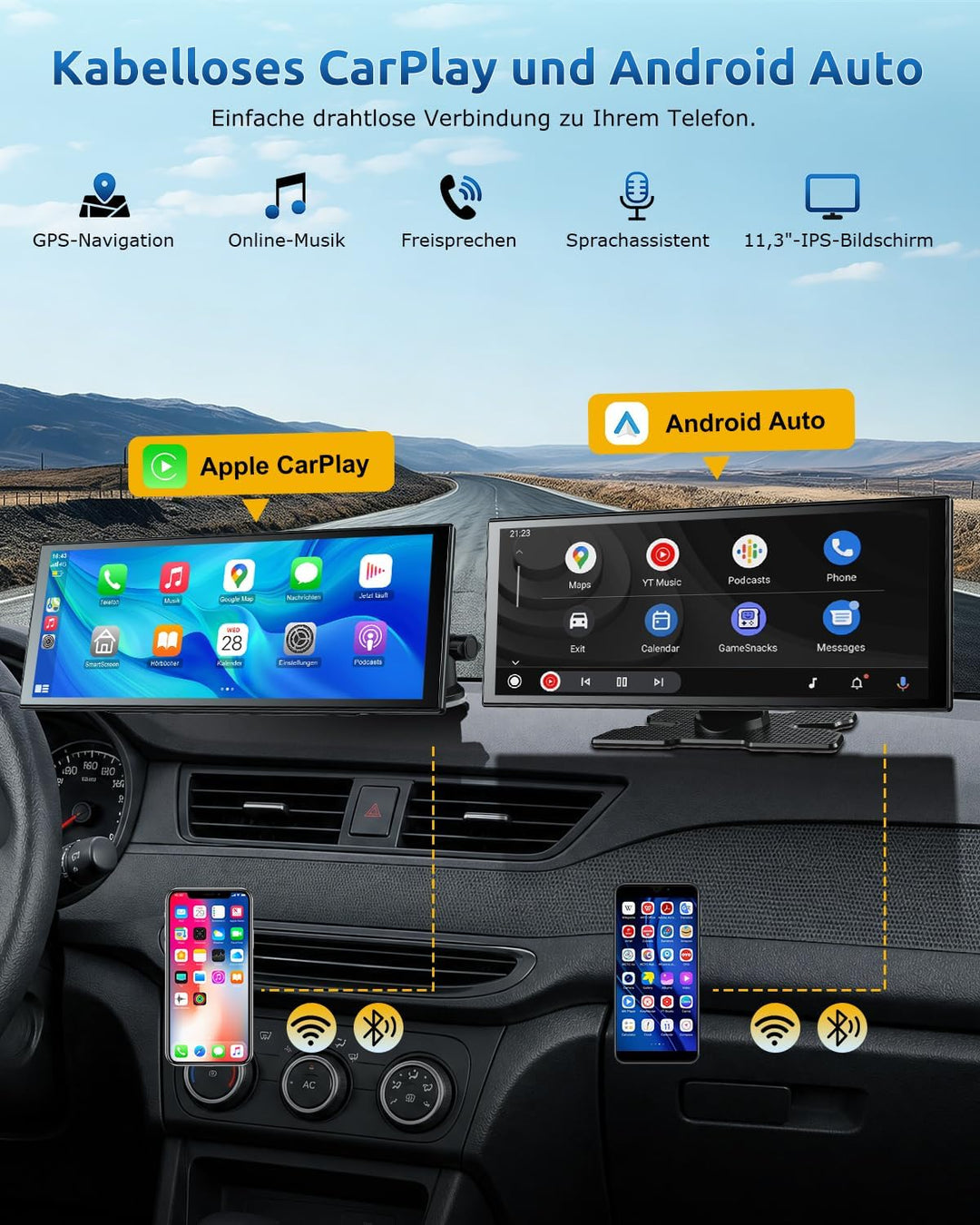 ESSGOO 11 Zoll Kabelloses CarPlay Display mit 4K 360° drehbare Frontkamera 1080P Rückfahrkamera Drah