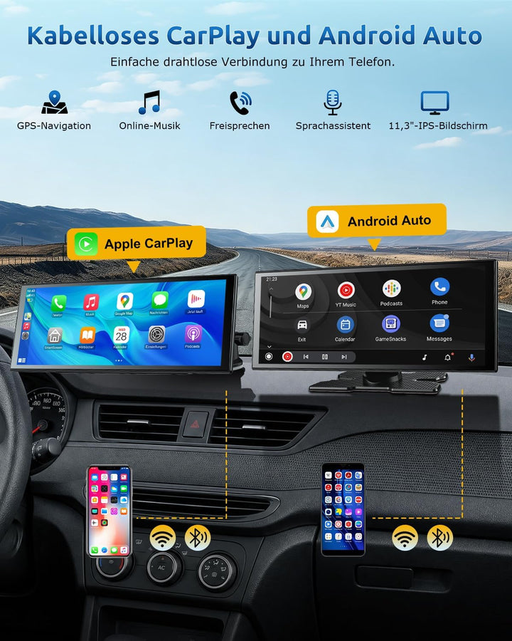ESSGOO 11 Zoll Kabelloses CarPlay Display mit 4K 360° drehbare Frontkamera 1080P Rückfahrkamera Drah