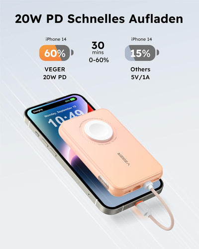 VEGER Mini Power Bank 20W PD, 10000mAh Powerbank mit Eingebautem Apple Kabel, mit Apple Watch Laden,