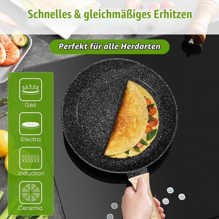 Topfset Induktion, 19-Teilig Schwarz Granit Topf und Pfannenset, Bratpfanne 24/28cm, Kochtopf 18/20c