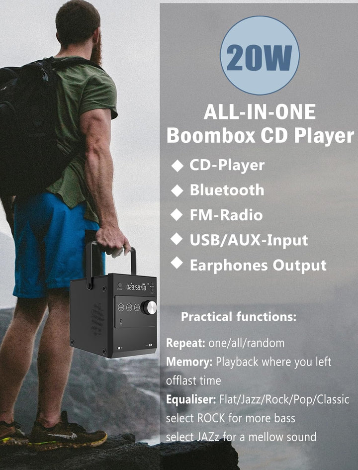 Tragbarer CD-Player Boombox 20W für Draussen, Eingebaute wiederaufladbare Batterie, FM Radio/Bluetoo