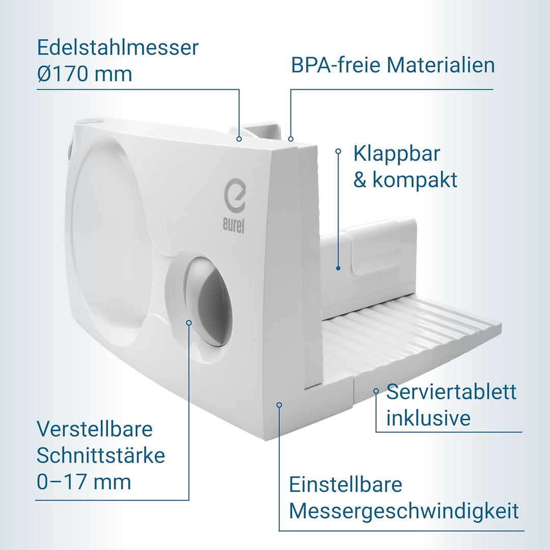 EUREL RS46 Allesschneider Made in Europa, Dauerschaltung, Serviertablett, platzsparend klappbar Elek