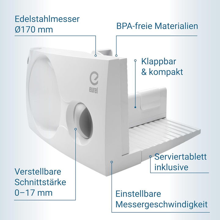 EUREL RS46 Allesschneider Made in Europa, Dauerschaltung, Serviertablett, platzsparend klappbar Elek