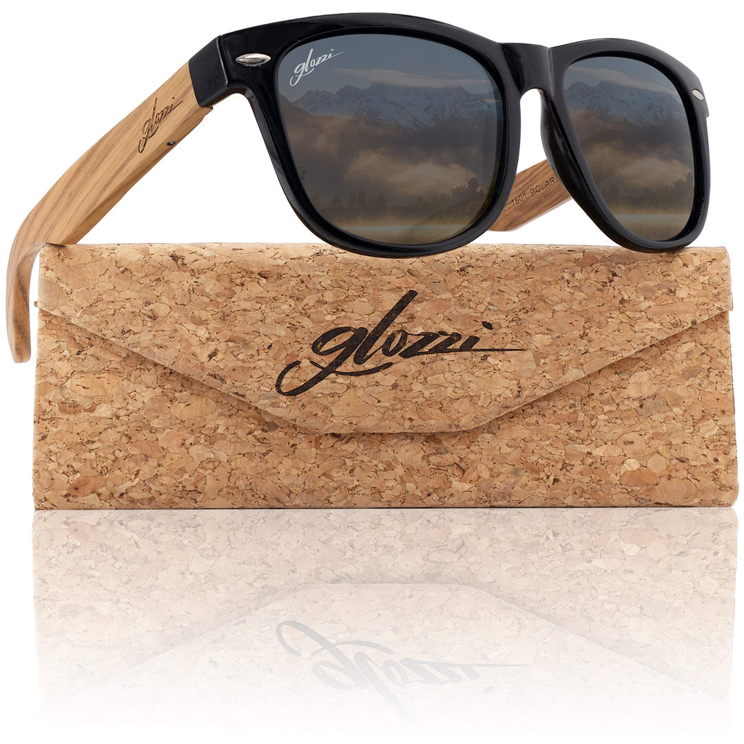 glozzi Sonnenbrille Herren und Damen Holz Polarisiert UV400 mit Holzbügeln und Brillenetui aus Kork