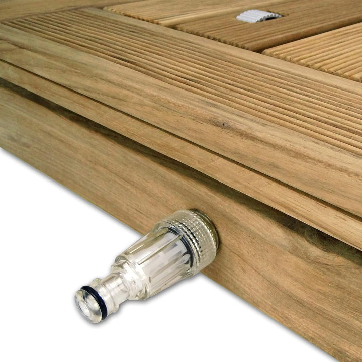 @tec Bodendusche Set aus Gartendusche und Wasserschlauch 15m, Campingdusche aus massivem Teakholz zu