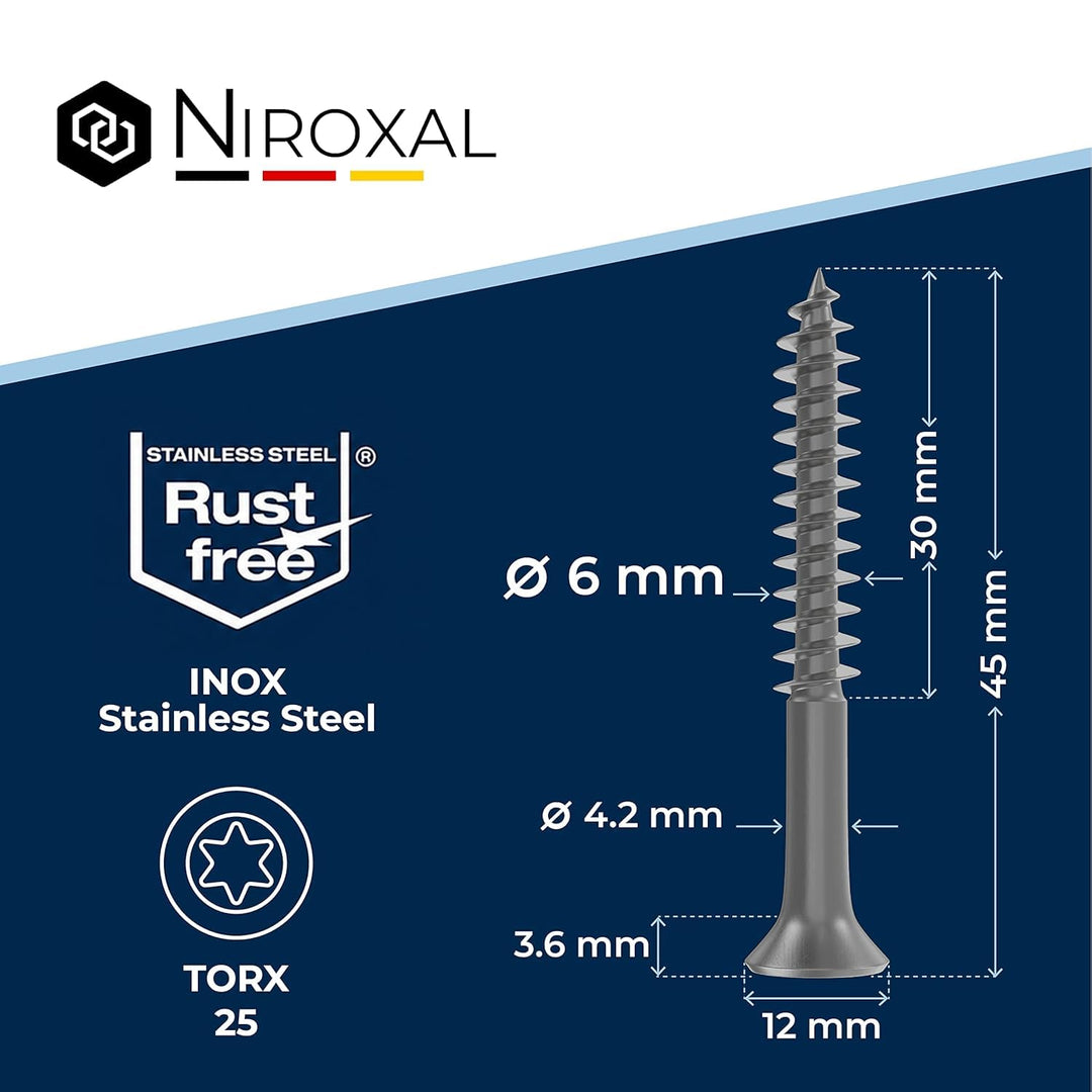 Schrauben Torx Edelstahlschrauben 6x45 Edelstahl V2A rostfrei Spanplattenschrauben für Holz Teilgewi