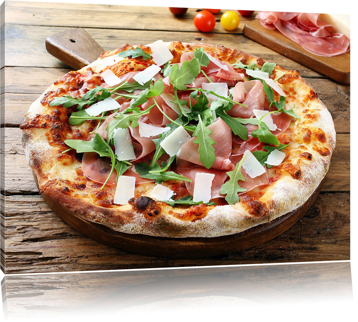 Pixxprint Prosciutto Pizza auf Holztisch als Leinwandbild/Grösse: 100x70 cm/Wandbild/Kunstdruck/fert