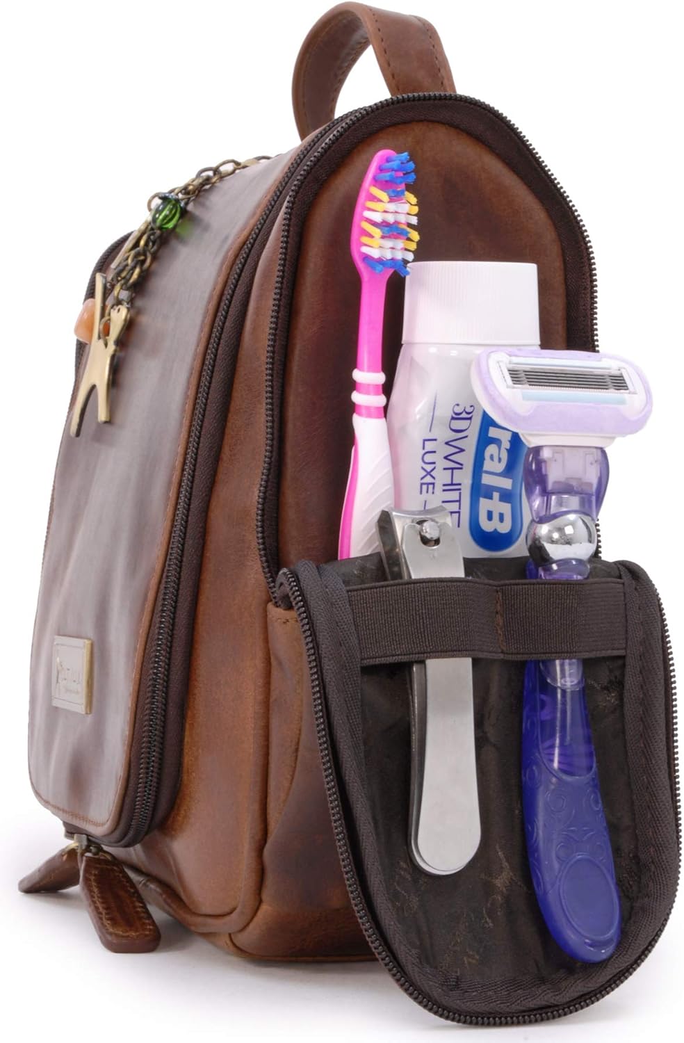 Catwalk Collection Handbags - Damen Antik-Leder Kulturtasche Gross - Kulturbeutel zum Aufhängen - Ko