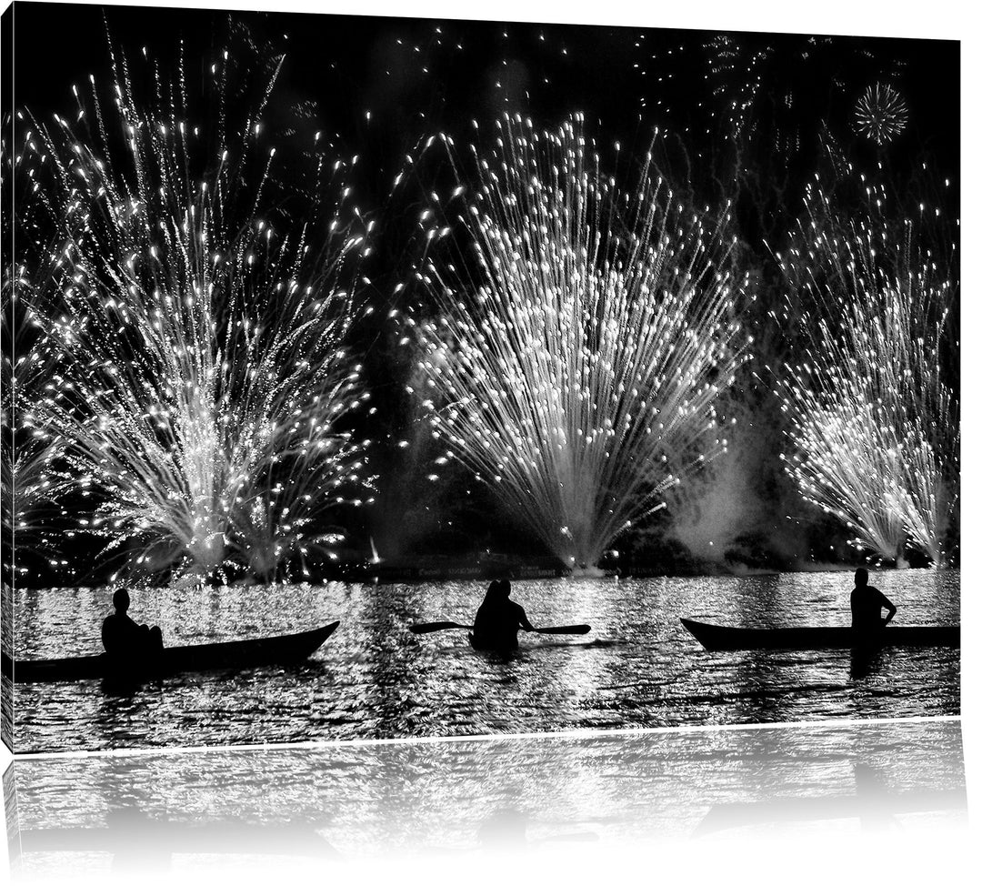 Pixxprint Feuerwerk auf dem Wasser / 100x70cm Leinwandbild bespannt auf Holzrahmen/Wandbild Kunstdru