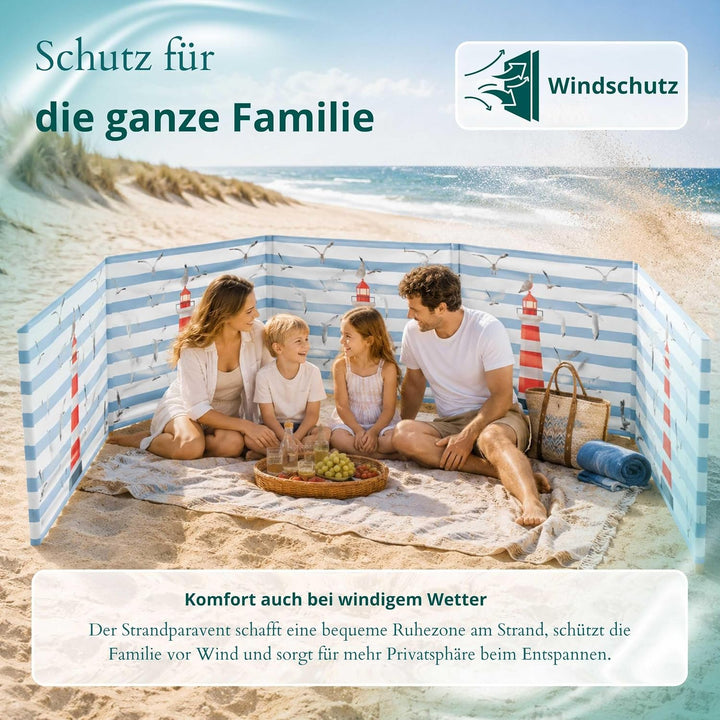Strandparavent Mikrofaser | Windschutz 80cm | Leuchtturm 4m | Wetterfest | Mit Bindeseilen | Handgef