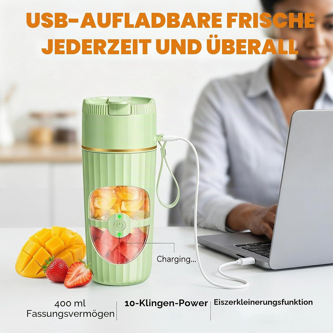 Tragbarer Mixer Smoothie Maker 400ml, Mini Standmixer mit 10 Edelstahlklingen, USB-C Wiederaufladbar