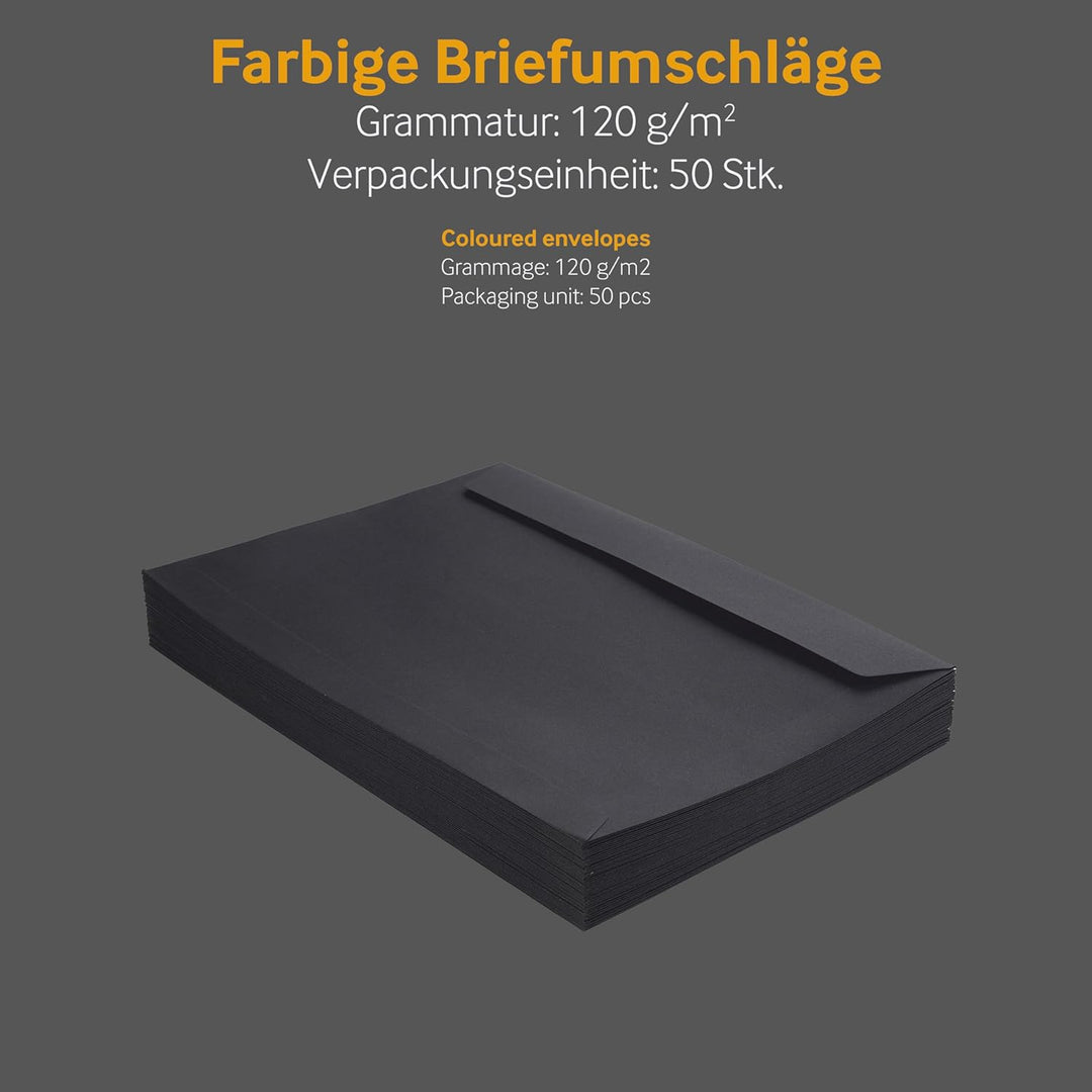 50 Stück, Farbige Briefumschläge, DIN C4, Haftklebung mit Abziehstreifen, Gerade Klappe, 130 g/qm Co