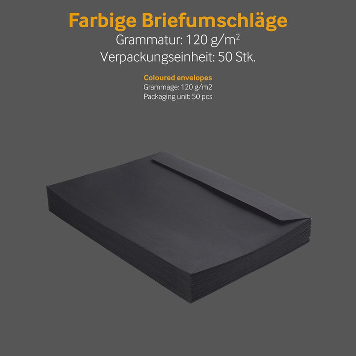 50 Stück, Farbige Briefumschläge, DIN C4, Haftklebung mit Abziehstreifen, Gerade Klappe, 130 g/qm Co