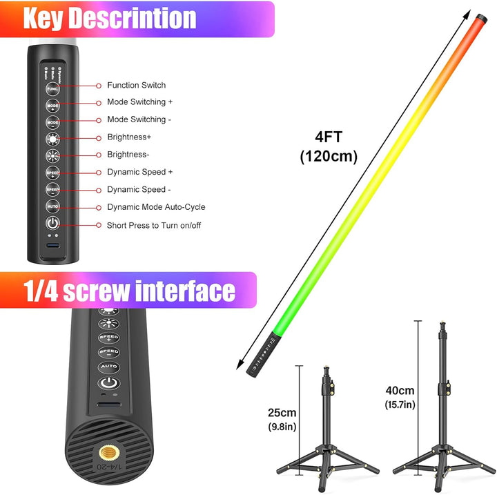 2 Stück 120cm LED Videolicht Mood1 Pro mit Stativ, LED Handheld Fotografie Lichtdimmbar und Musikmod