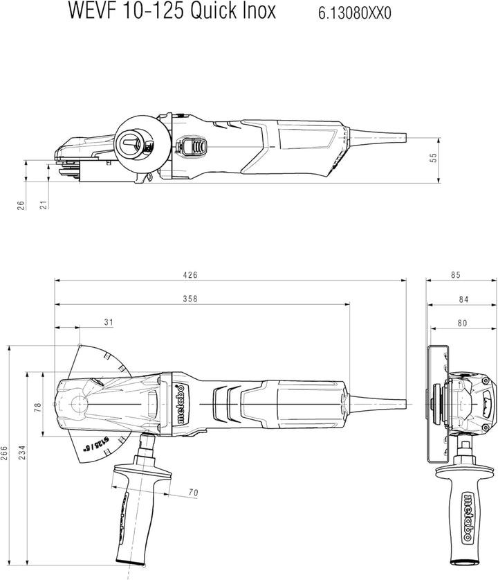Metabo Flachkopf-Winkelschleifer WEVF 10-125 Quick Inox (613080000) Karton, 1000 Watt, Scheiben-Ø: 1