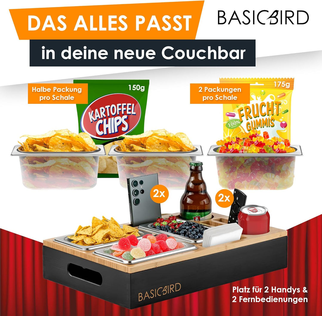 Couchbar Snackbox - Organizer Tablett- Snackspender mit 3X Snackschale - Holz Sofatablett für Sofa,