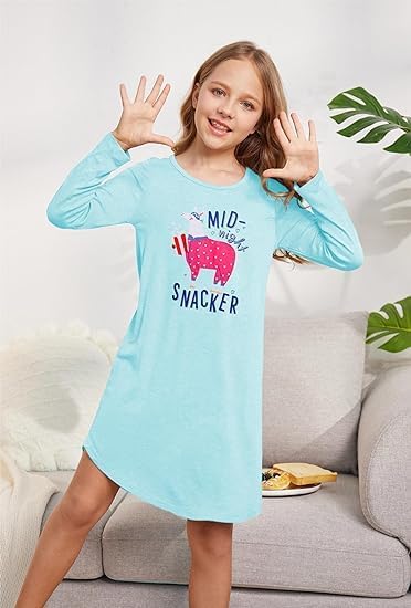 Arshiner Mädchen Nachthemd Langarm Kinder Nachtkleid Baumwolle mit Niedlichen Prints Schlafanzug Kle