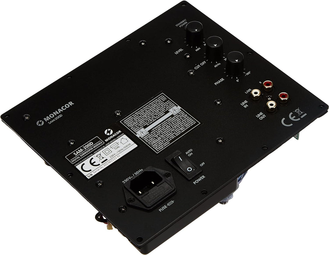 MONACOR SAM-200D Subwoofer Aktiv-Modul mit 200 W, variablem Tiefpass, Tieftöner mit stufenlos regelb