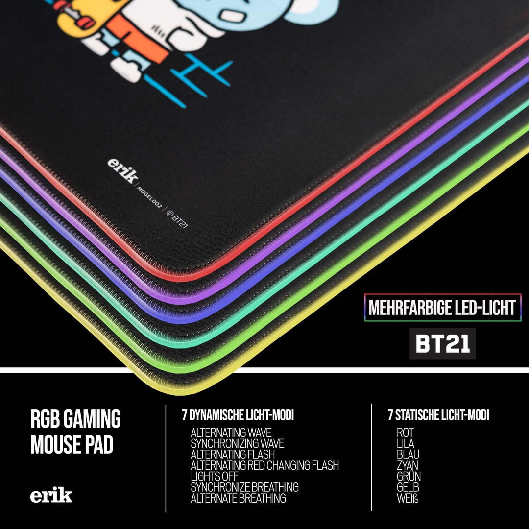 Mousepad - Mauspad LED BT21 - RGB Mauspad XXL 14 LED-Licht-Modus mit rutschfestem Gummigrundfläche u