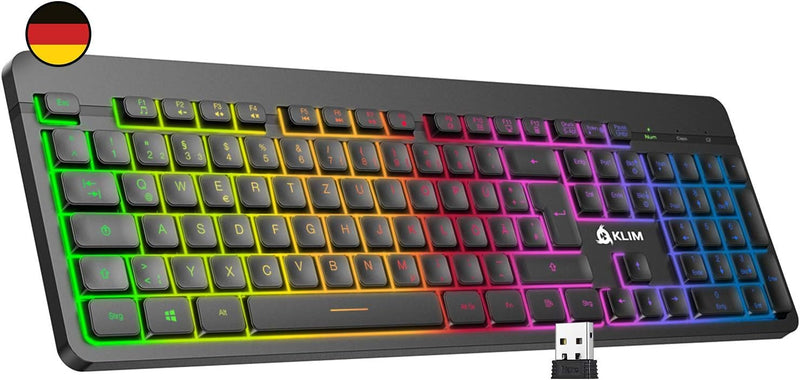 KLIM Light V2 Gaming Tastatur Kabellos QWERTZ + NEU 2023 + flach, ergonomisch, dezent, wasserresiste