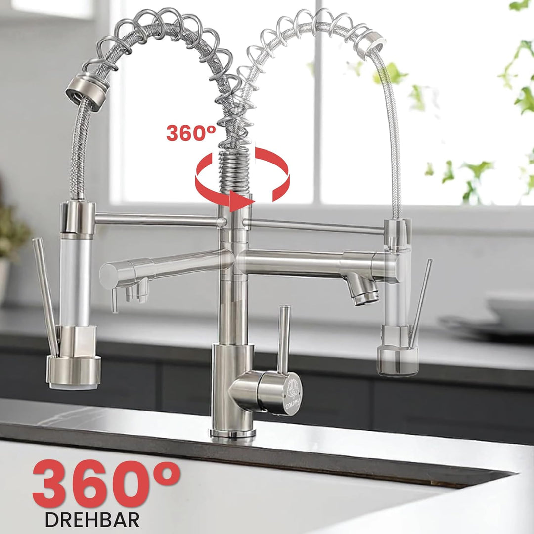 Küchenarmatur Einhebelmischer, Ausziehbar, Edelstahl 304, 2 Wassermodi (Spray/Durchfluss), 360° dreh