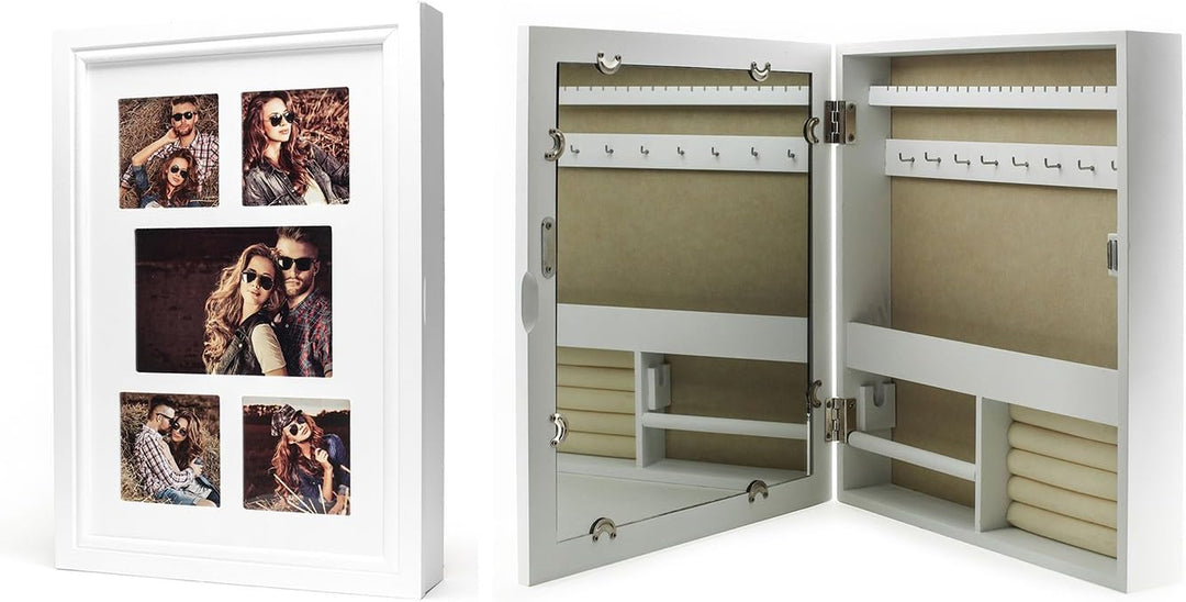 levandeo Schmuckkasten Fotorahmen Bilderrahmen Spiegel in weiss für 5 Fotos - 45x32x7cm Schmuckaufbe