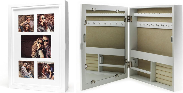 levandeo Schmuckkasten Fotorahmen Bilderrahmen Spiegel in weiss für 5 Fotos - 45x32x7cm Schmuckaufbe