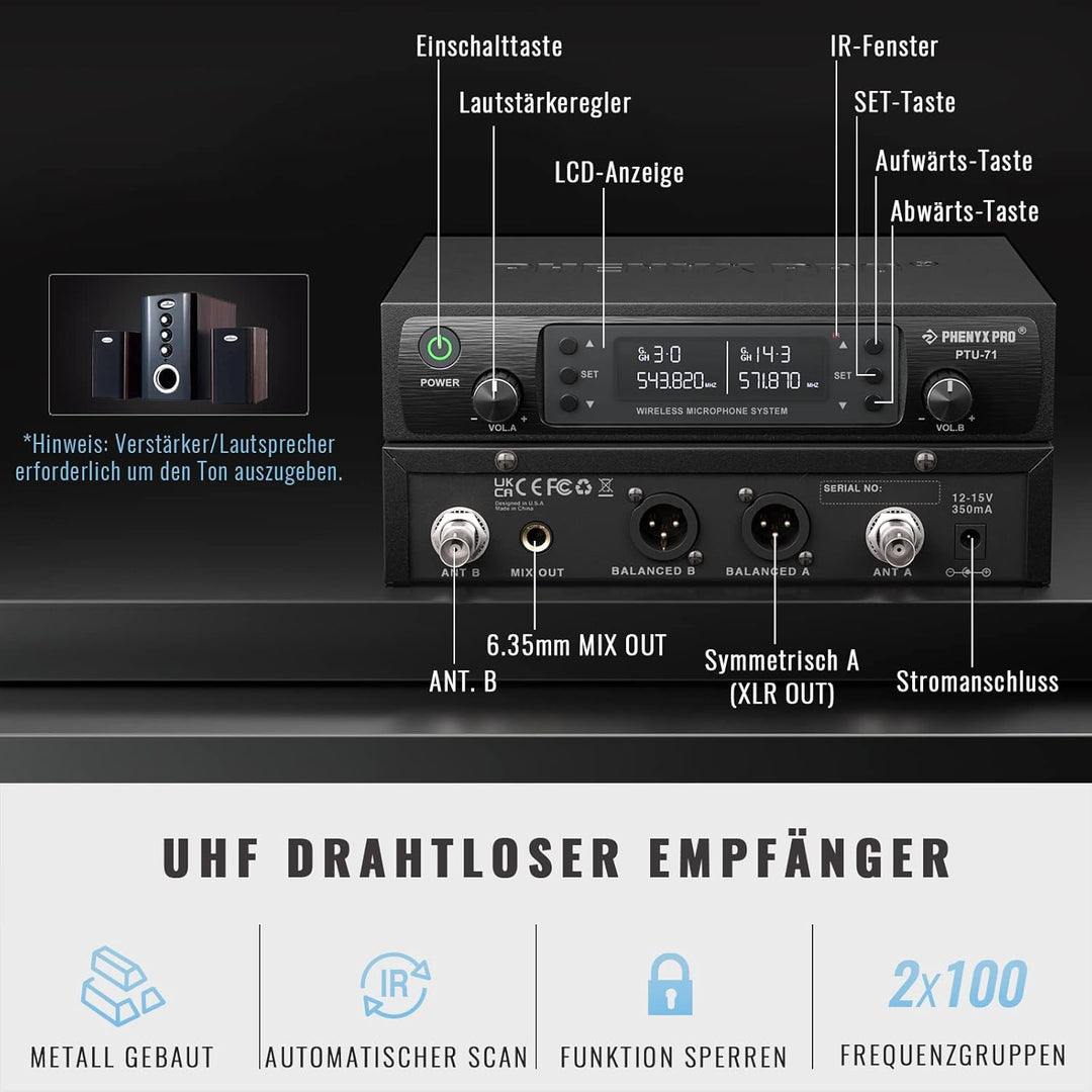 Phenyx Pro Kabelloses UHF-Mikrofonsystem, Auto-Scan-Mikrofon-Set mit 2 x 100 Frequenzen, 2 Bodypacks
