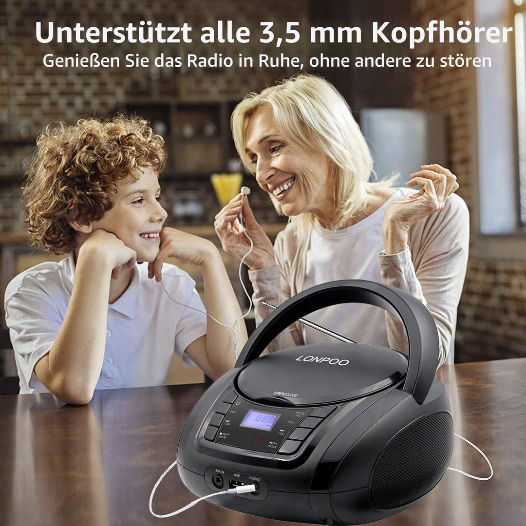 Tragbarer CD-Player Boombox mit FM-Radio/Bluetooth/USB/AUX-Eingang | 3,5 mm MIC &amp; Kopfhöreranschluss