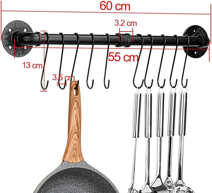Toplife Küchen Hängeleiste für Küchenutensilien, 60 cm industrieller Stil mit 10 Haken, Hakenleiste