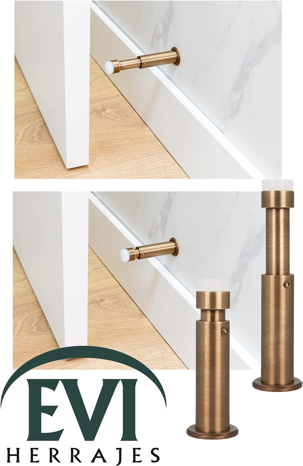 EVI HERRAJES Verstellbarer Türstopper aus Messing 88-120mm, Installation mit Schraubsockel (Messing