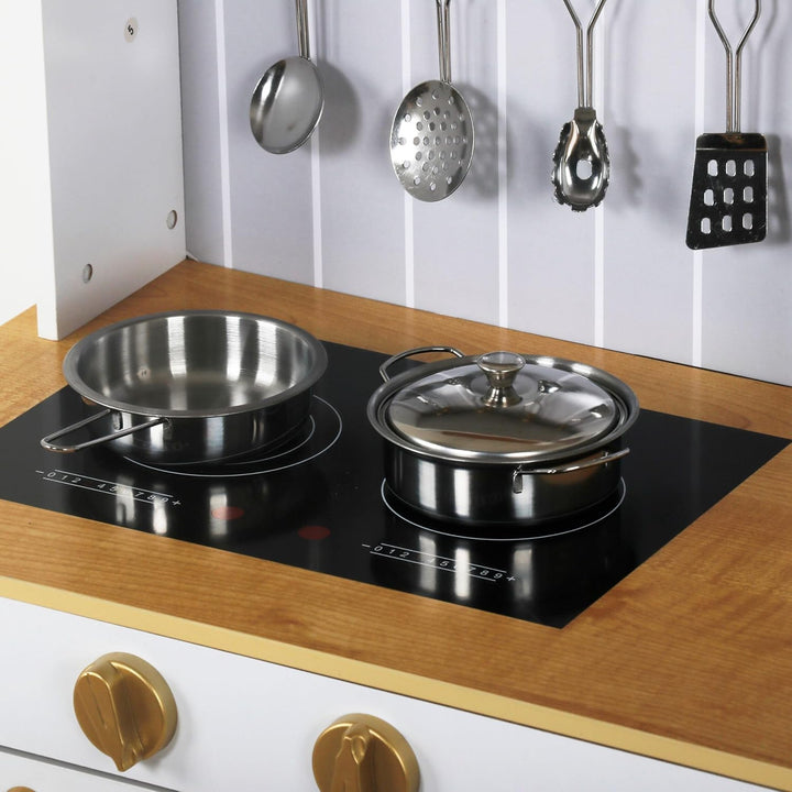 Mamabrum Kinderküche Holz, Weisse Spielzeug Küche Set mit Mikrowelle, Backofen, Spülbecken, Töpfe, P