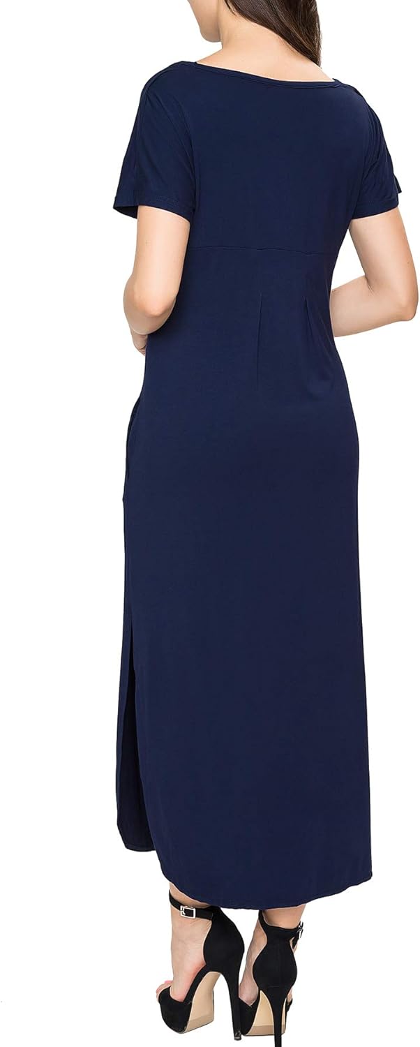 Smallshow Damen Lang Split Stillkleid Kurzarm Umstandskleid Sommer M Marine, M Marine