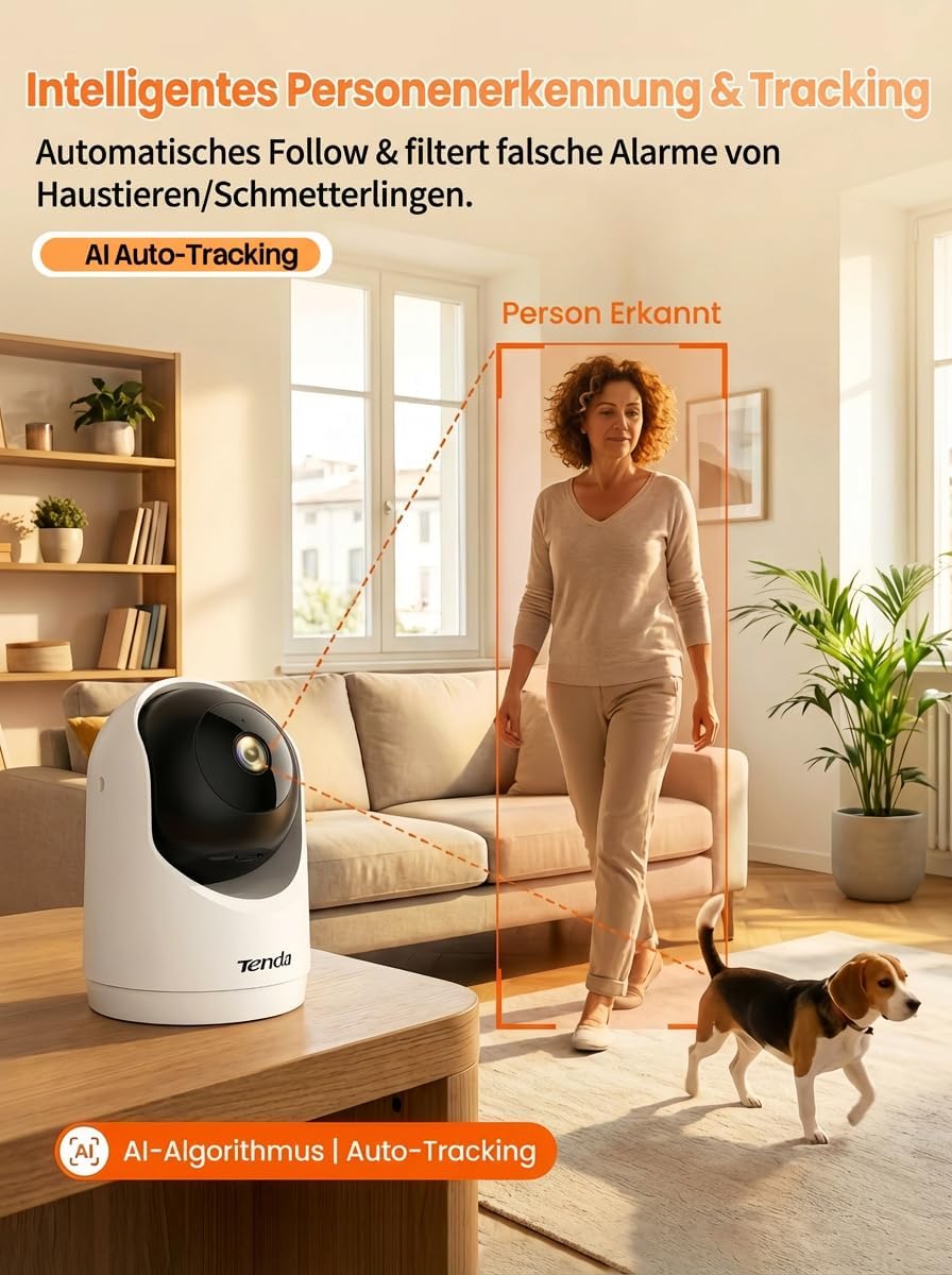 Tenda 3MP WLAN Innenkamera Überwachung, Haustierkamera mit 2-Wege-Audio, Nachtsicht 12M, Bewegungs-P