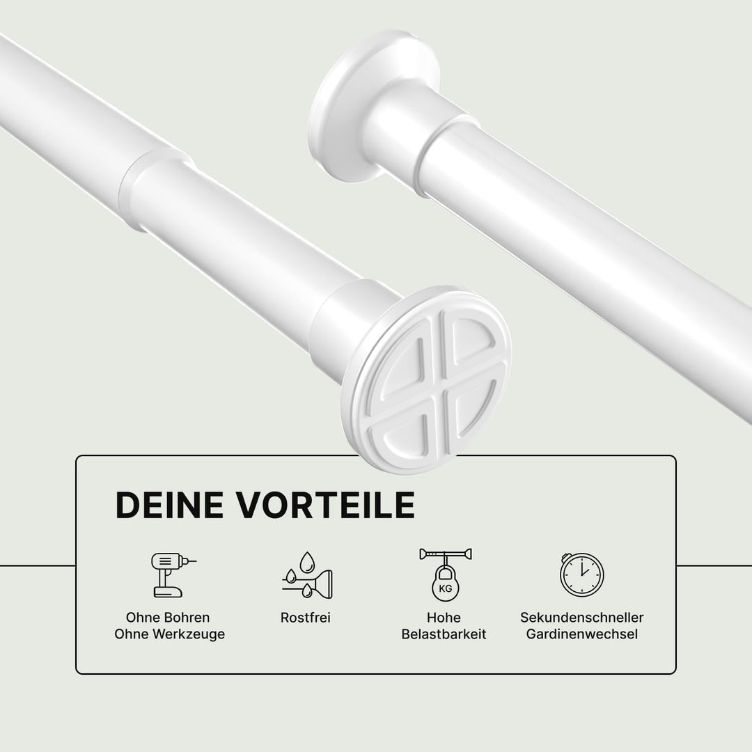 Gardinenstange ohne Bohren 90-160cm, Weiss, Ø 25 mm, Teleskopstange zum Klemmen - Vorhangstange Klem